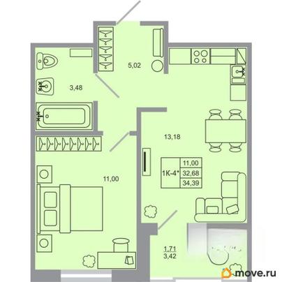 1-комн. квартира, 34.39 м&sup2;