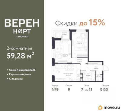 2-комн. квартира, 59.28 м&sup2;