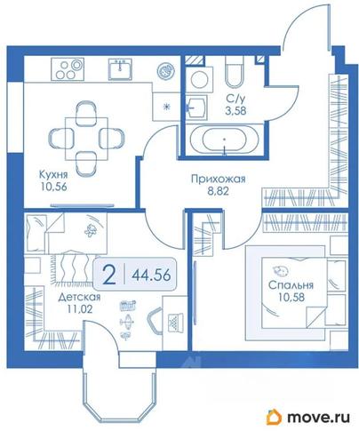 2-комн. квартира, 44.56 м&sup2;