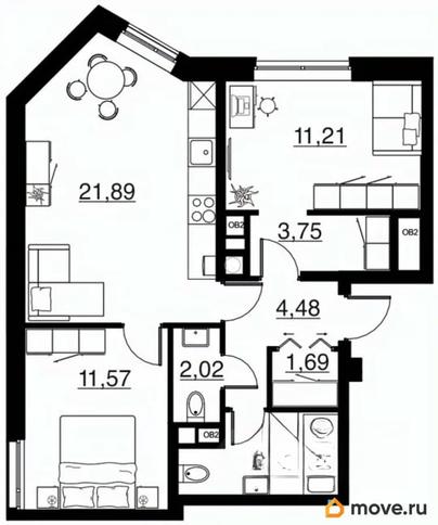 2-комн. квартира, 61.81 м&sup2;