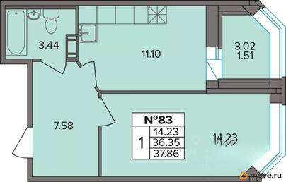 1-комн. квартира, 37.86 м&sup2;