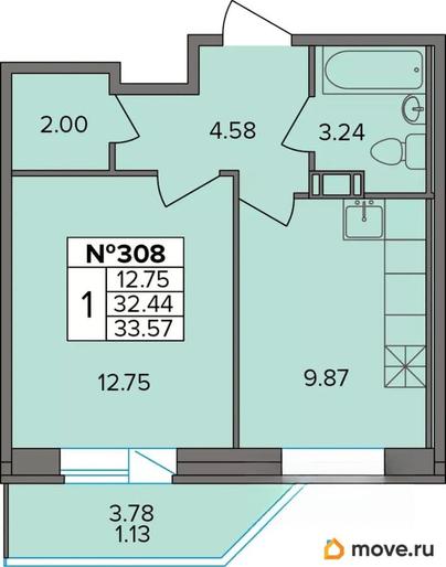 1-комн. квартира, 33.57 м&sup2;