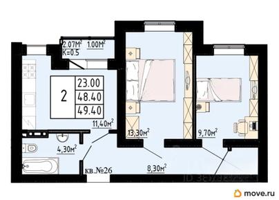 2-комн. квартира, 49.4 м&sup2;