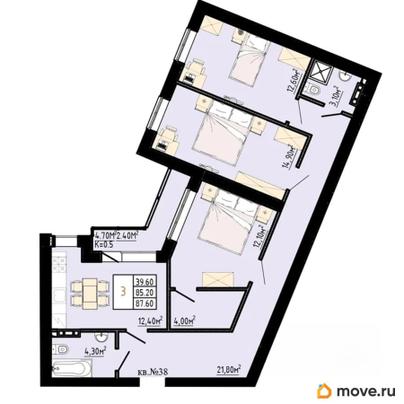 3-комн. квартира, 87.6 м&sup2;
