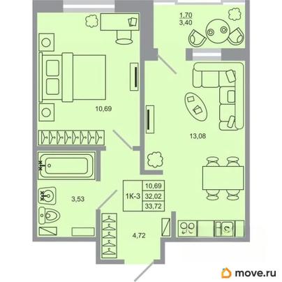 1-комн. квартира, 33.72 м&sup2;