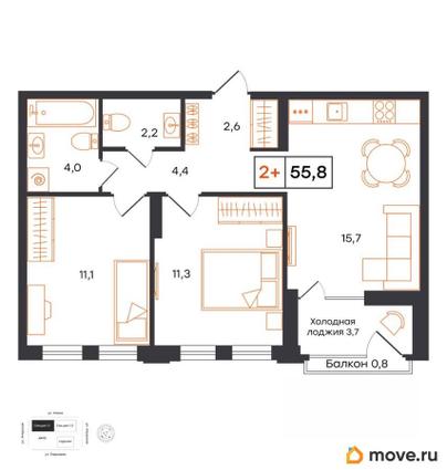 2-комн. квартира, 55.8 м&sup2;