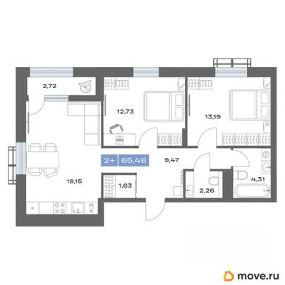 2-комн. квартира, 65.46 м&sup2;