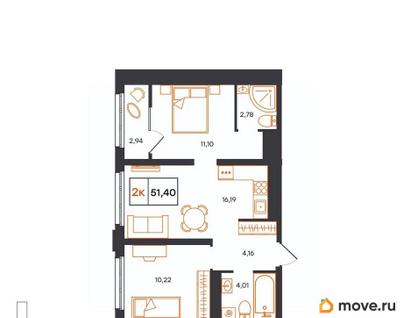 2-комн. квартира, 51.4 м&sup2;