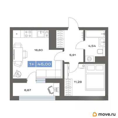 1-комн. квартира, 45 м&sup2;