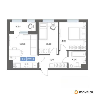 2-комн. квартира, 57.12 м&sup2;