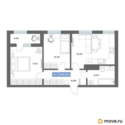 2-комн. квартира, 69.63 м&sup2;