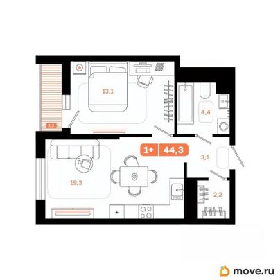1-комн. квартира, 44.3 м&sup2;