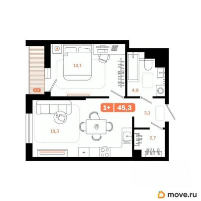 1-комн. квартира, 45.3 м&sup2;