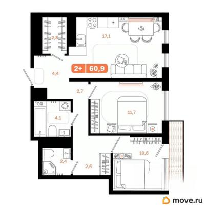 2-комн. квартира, 60.9 м&sup2;