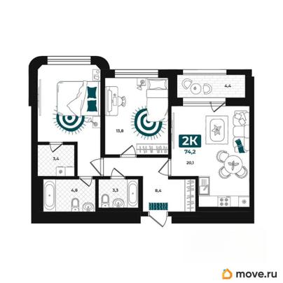 2-комн. квартира, 74.2 м&sup2;
