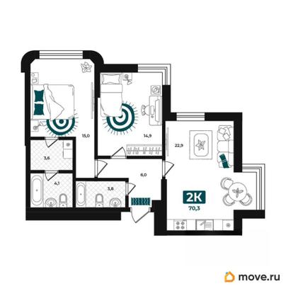 2-комн. квартира, 70.3 м&sup2;