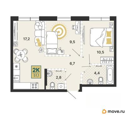 2-комн. квартира, 51.1 м&sup2;