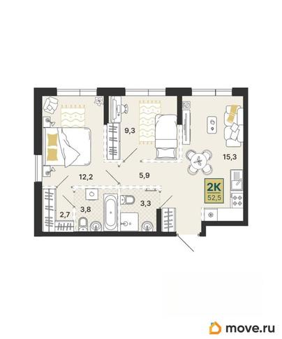 2-комн. квартира, 52.5 м&sup2;