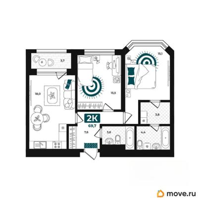 2-комн. квартира, 69.7 м&sup2;