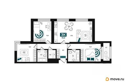 3-комн. квартира, 90.8 м&sup2;