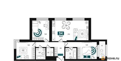 3-комн. квартира, 90.8 м&sup2;