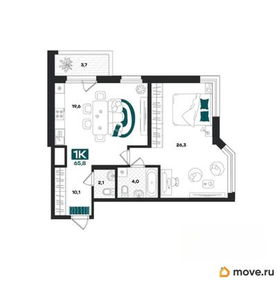 1-комн. квартира, 65.8 м&sup2;