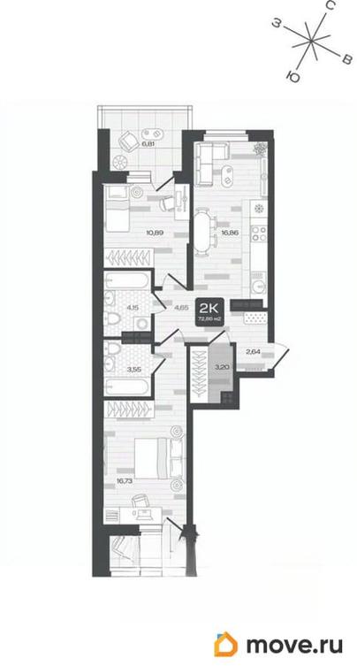 2-комн. квартира, 72.86 м&sup2;