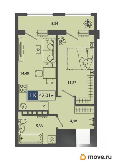 1-комн. квартира, 42.01 м&sup2;