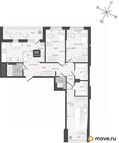 3-комн. квартира, 103.43 м&sup2;