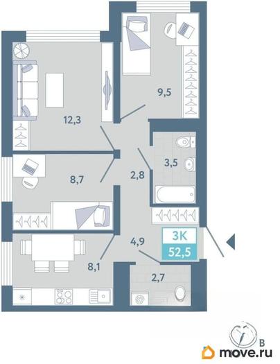 2-комн. квартира, 52.8 м&sup2;