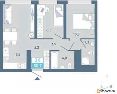 2-комн. квартира, 50.7 м&sup2;