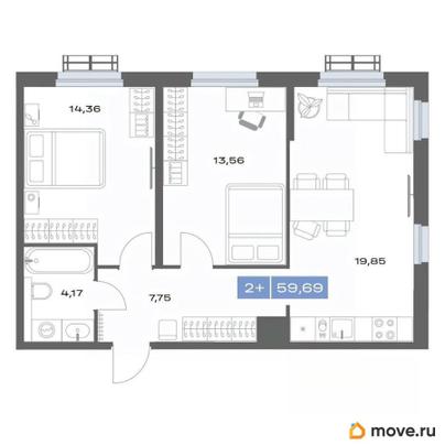 2-комн. квартира, 59.69 м&sup2;