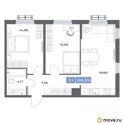 2-комн. квартира, 59.69 м&sup2;