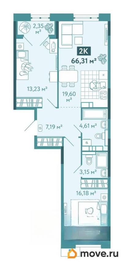 2-комн. квартира, 66.31 м&sup2;