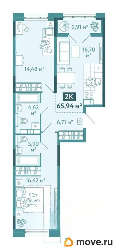2-комн. квартира, 65.94 м&sup2;
