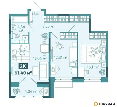 2-комн. квартира, 61.4 м&sup2;