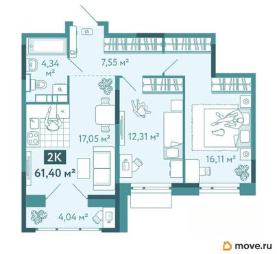 2-комн. квартира, 61.4 м&sup2;