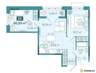 2-комн. квартира, 60 м&sup2;