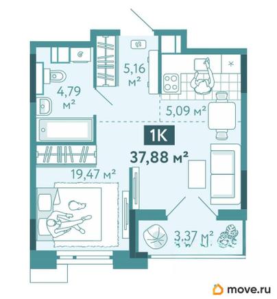 1-комн. квартира, 37.88 м&sup2;