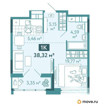 1-комн. квартира, 38.32 м&sup2;