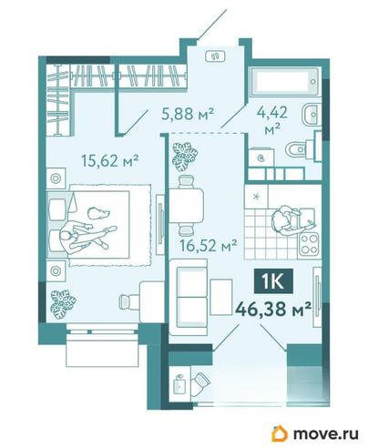 1-комн. квартира, 46.38 м&sup2;