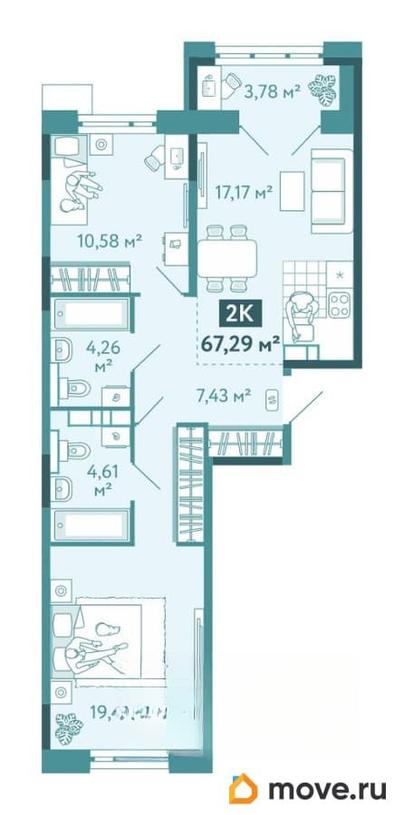 2-комн. квартира, 67.29 м&sup2;