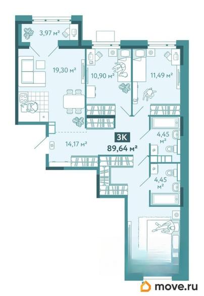 3-комн. квартира, 89.64 м&sup2;