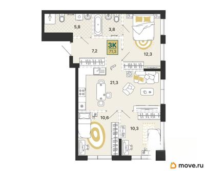 3-комн. квартира, 71.3 м&sup2;