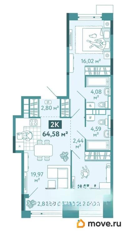 2-комн. квартира, 64.58 м&sup2;