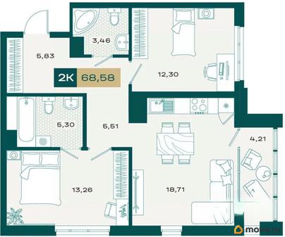 2-комн. квартира, 66.06 м&sup2;
