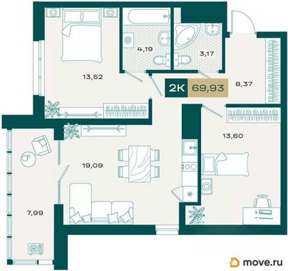 2-комн. квартира, 65.2 м&sup2;