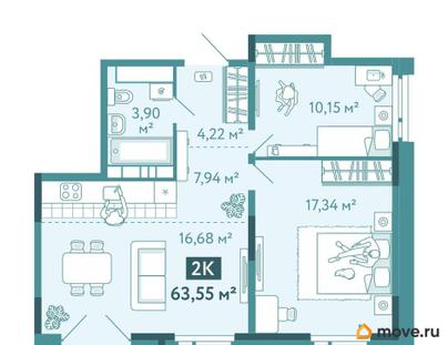 2-комн. квартира, 63.55 м&sup2;
