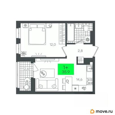1-комн. квартира, 35.98 м&sup2;