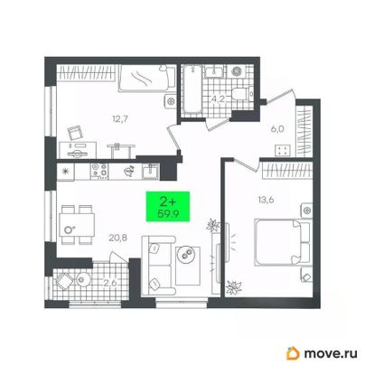 2-комн. квартира, 59.9 м&sup2;